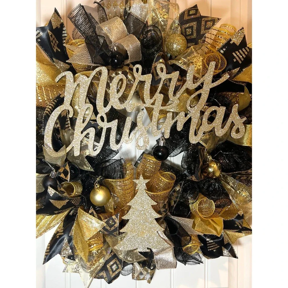 Black & Gold Merry Christmas Tree Ribbon Door Wreath Handmade 22 ins LED W24